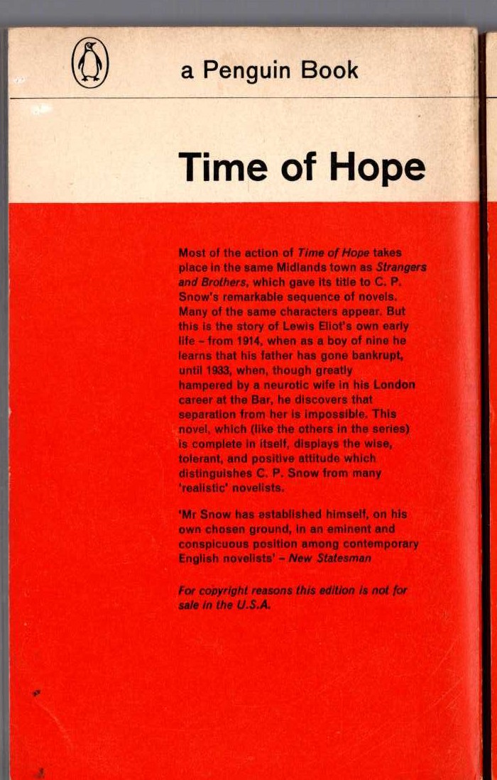 C.P. Snow  TIME OF HOPE magnified rear book cover image