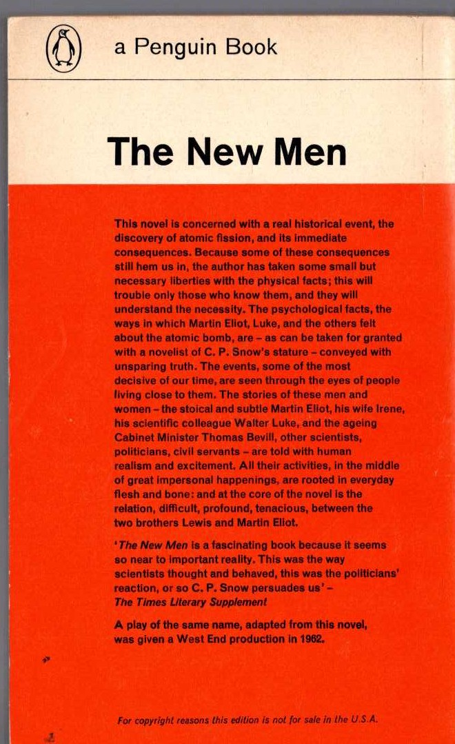 C.P. Snow  THE NEW MEN magnified rear book cover image