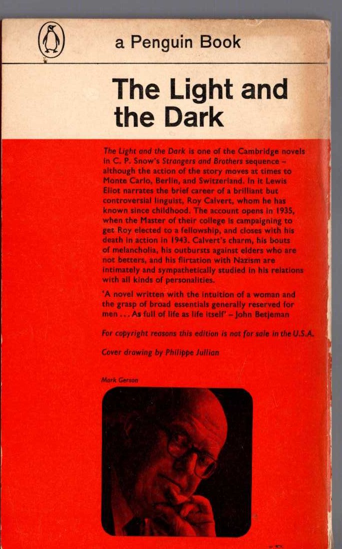 C.P. Snow  THE LIGHT AND THE DARK magnified rear book cover image