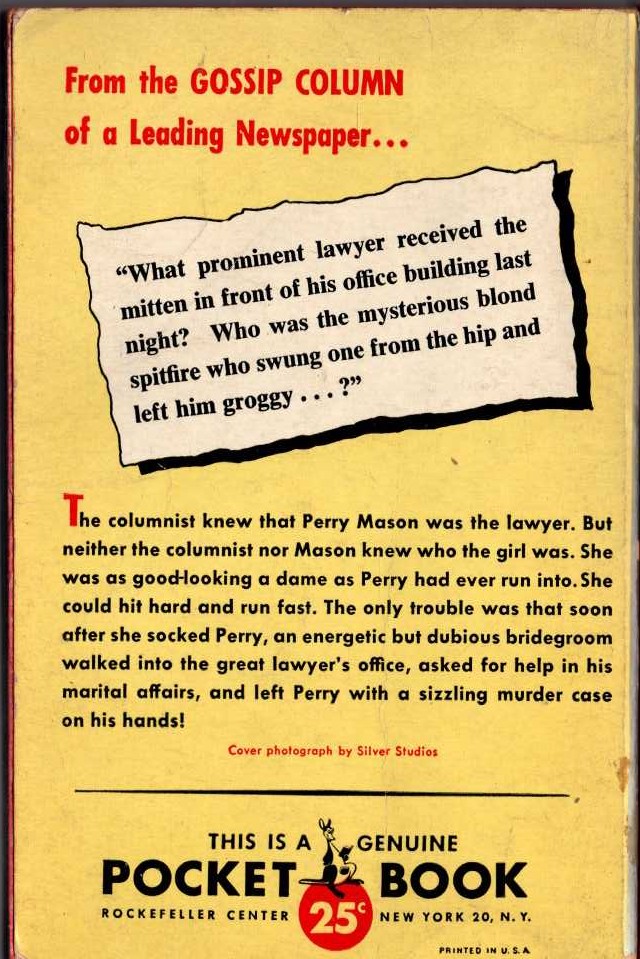Erle Stanley Gardner  THE CASE OF THE DUBIOUS BRIDEGROOM magnified rear book cover image