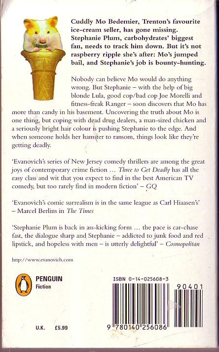 Janet Evanovich  THREE TO GET DEADLY magnified rear book cover image