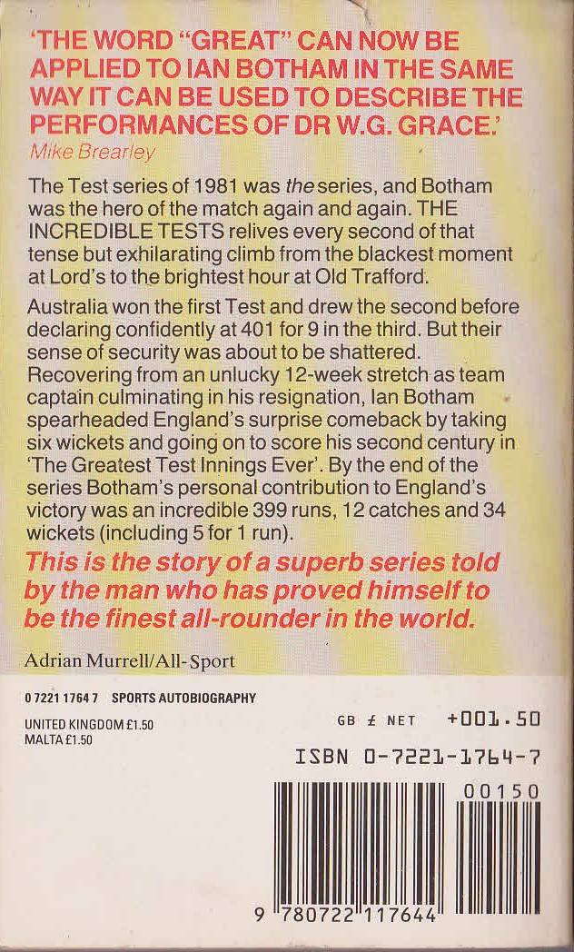 Ian Botham  THE INCREDIBLE TESTS magnified rear book cover image