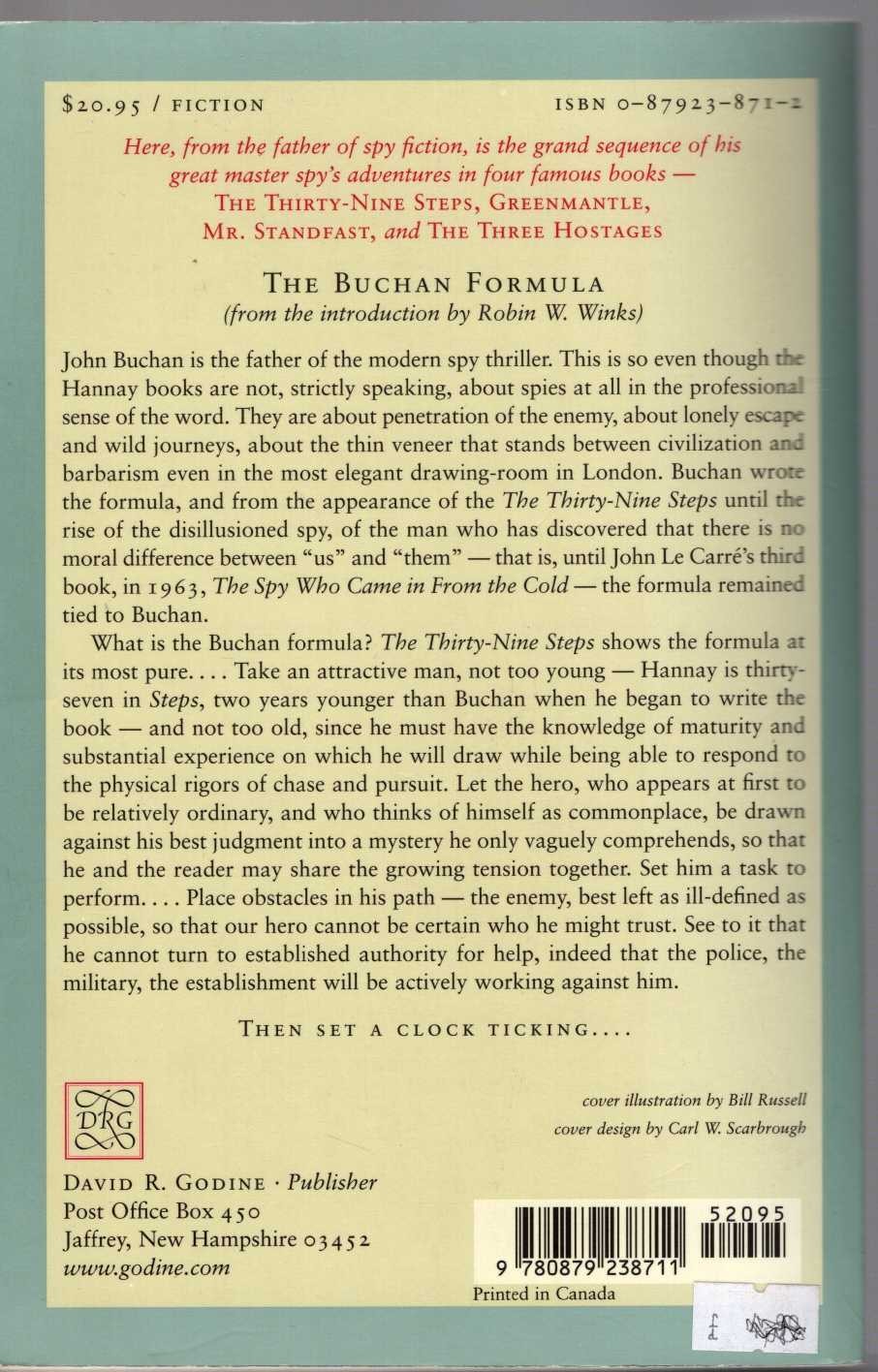 John Buchan  THE FOUR ADVENTURES OF RICHARD HANNAY: THE THIRTY-NINE STEPS/ GREENMANTLE/ MR STANDFAST/ THE THREE HOSTAGES/ THE ISLAND OF SHEEP magnified rear book cover image