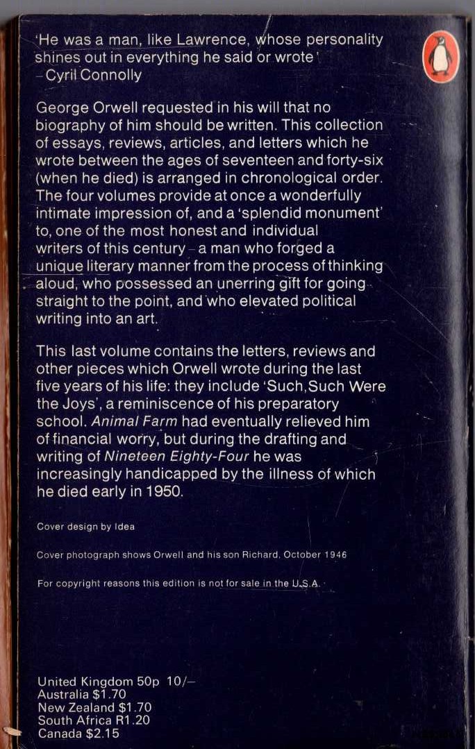George Orwell  THE COLLECTED ESSAYS, JOURNALISM AND LETTERS OF GEORGE ORWELL. Volume 4: IN FRONT OF YOUR NOSE 1945 - 1950 magnified rear book cover image