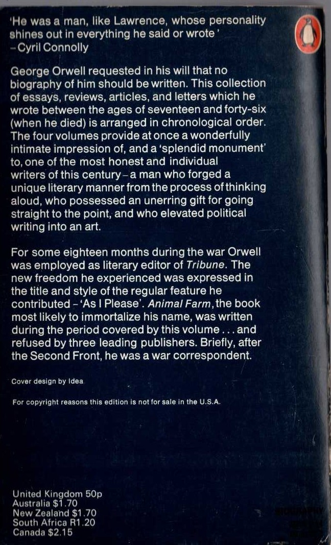 George Orwell  THE COLLECTED ESSAYS, JOURNALISM AND LETTERS OF GEORGE ORWELL. Volume 3: AS I PLEASE magnified rear book cover image