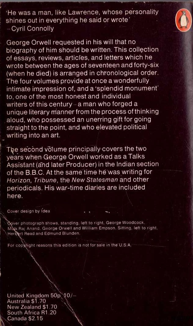 George Orwell  THE COLLECTED ESSAYS, JOURNALISM AND LETTERS OF GEORGE ORWELL. Volume 2. MY COUNTRY RIGHT OR LEFT magnified rear book cover image