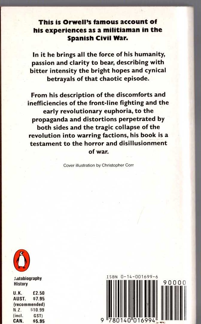 George Orwell  HOMAGE TO CATALONIA magnified rear book cover image