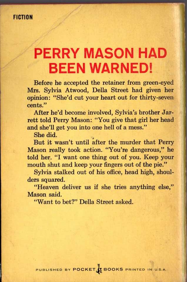 Erle Stanley Gardner  THE CASE OF THE GREEN-EYED SISTER magnified rear book cover image