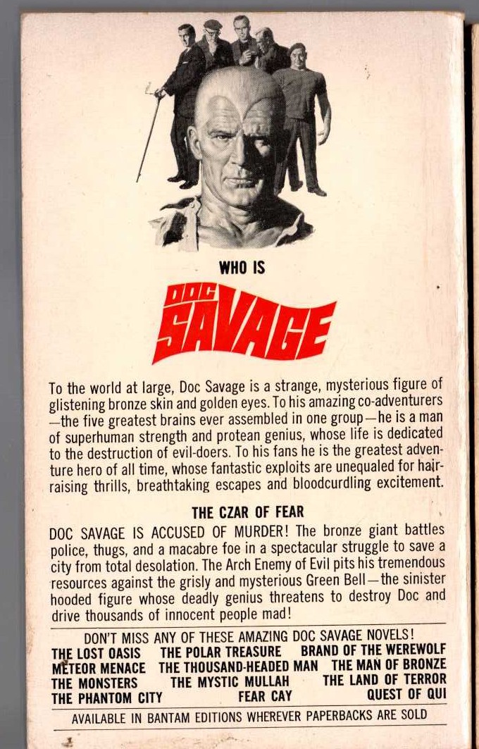 Kenneth Robeson  DOC SAVAGE: THE CZAR OF FEAR magnified rear book cover image