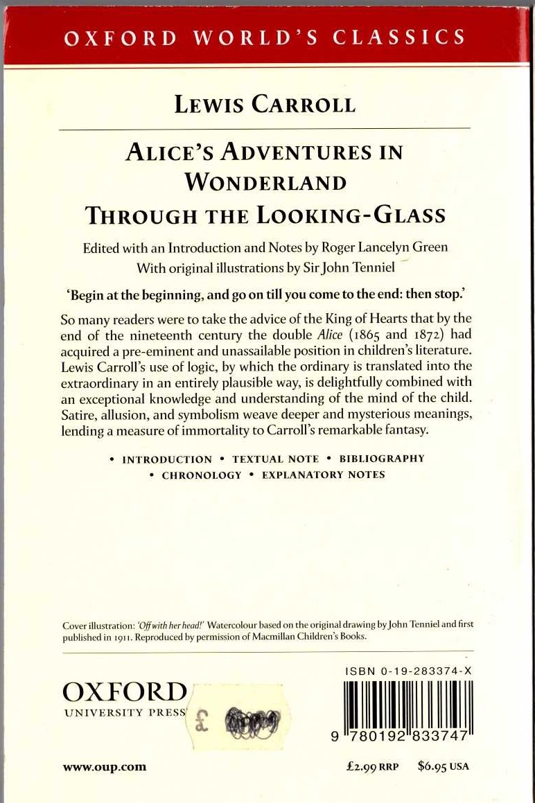 Lewis Carroll  ALICE'S ADVENTURES IN WONDERLAND and THROUGHI THE LOOKING-GLASS magnified rear book cover image