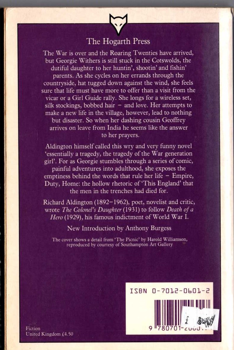Richard Aldington  THE COLONEL'S DAUGHTER magnified rear book cover image