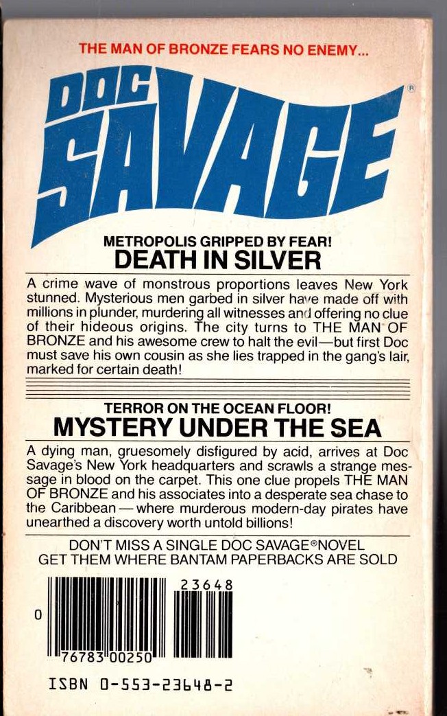 Kenneth Robeson  DOC SAVAGE: DEATH IN SILVER and MYSTERY UNDER THE SEA magnified rear book cover image