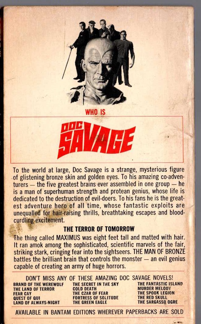 Kenneth Robeson  DOC SAVAGE: WORLD'S FAIR GOBLIN magnified rear book cover image