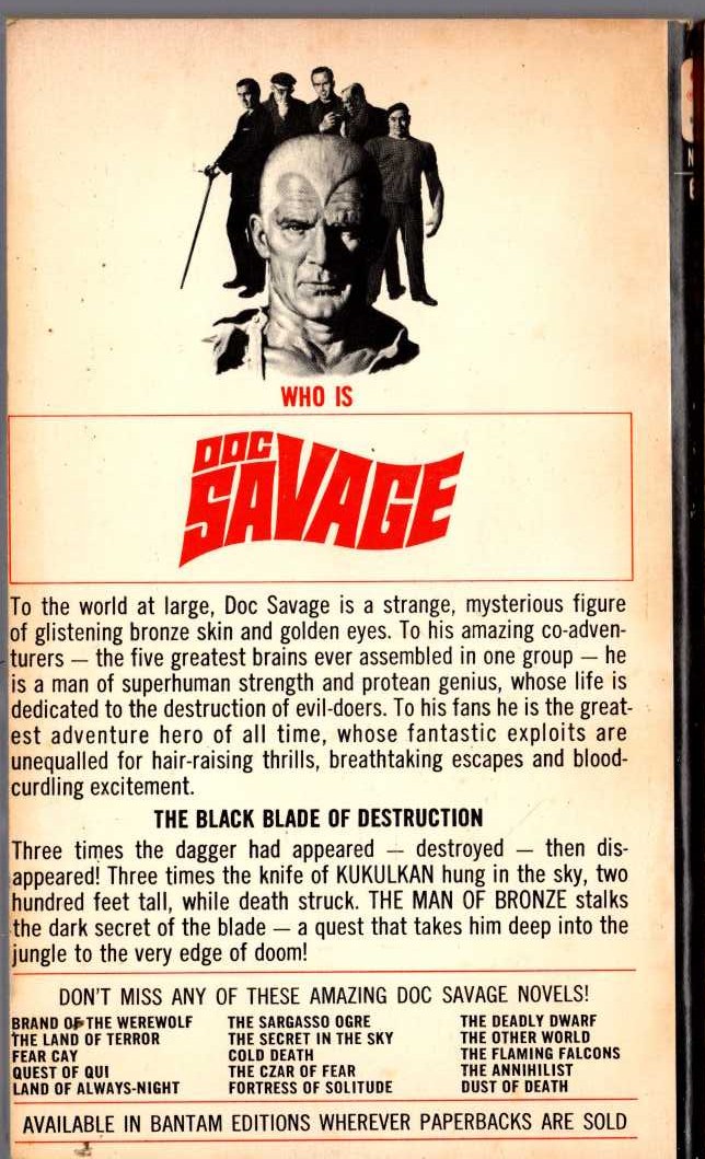 Kenneth Robeson  DOC SAVAGE: THE DAGGER IN THE SKY magnified rear book cover image