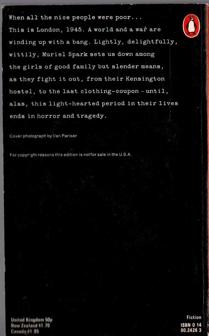 Muriel Spark  THE GIRLS OF SLENDER MEANS magnified rear book cover image