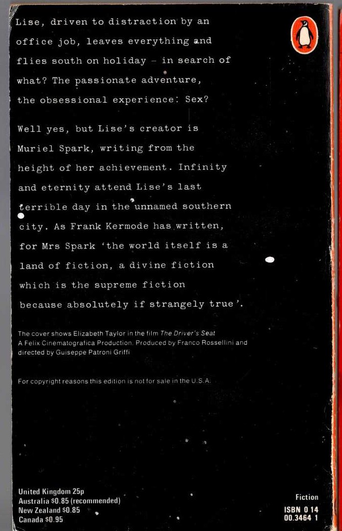 Muriel Spark  THE DRIVER'S SEAT (Film tie-in) magnified rear book cover image