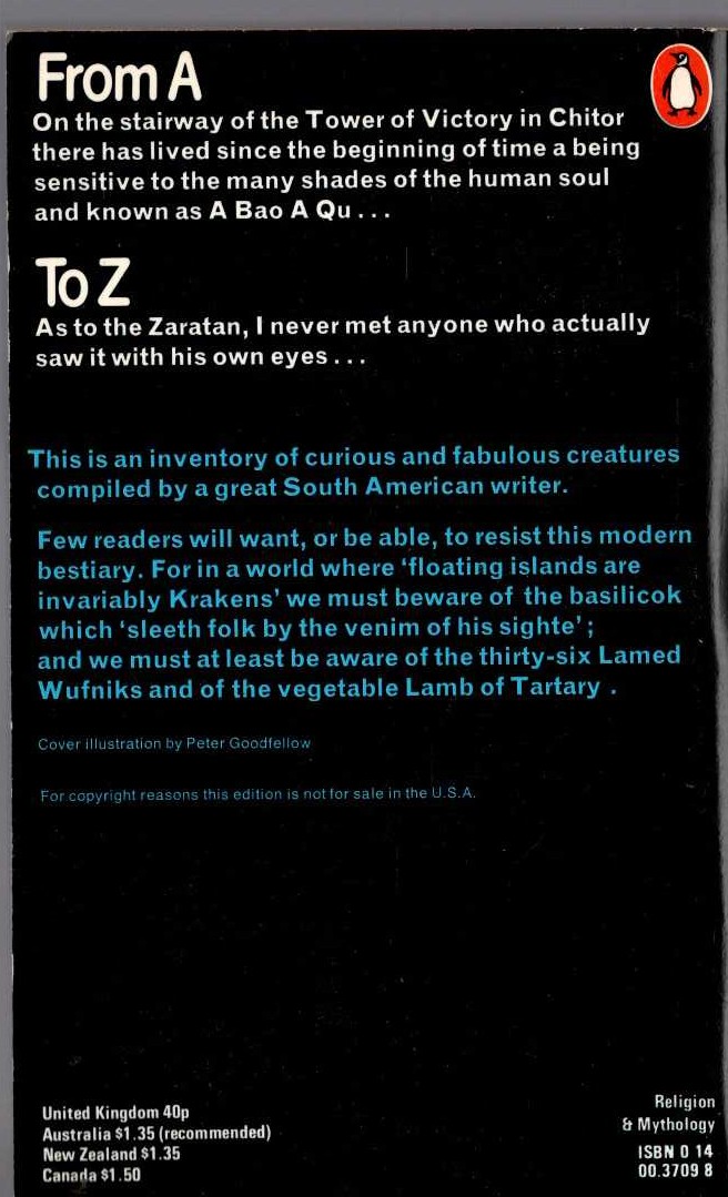 Jorge Luis Borges  THE BOOK OF IMAGINARY BEINGS magnified rear book cover image