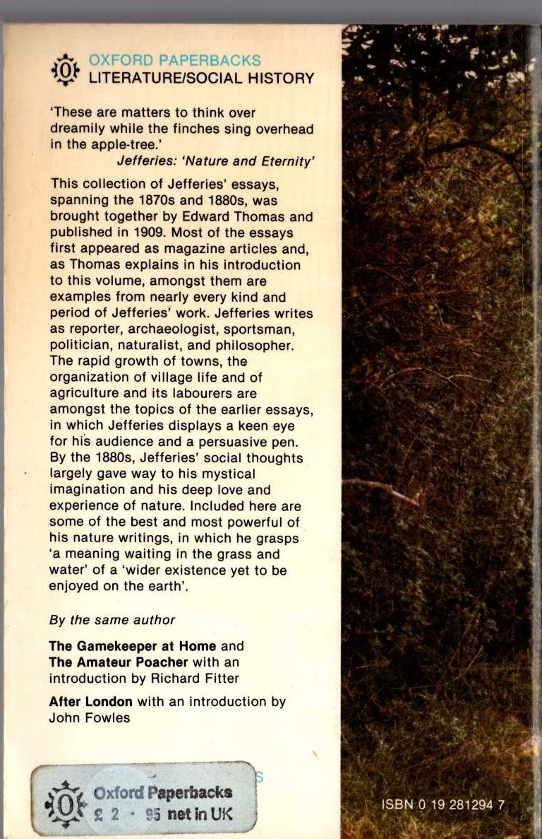 Richard Jefferies  THE HILLS AND THE VALE magnified rear book cover image