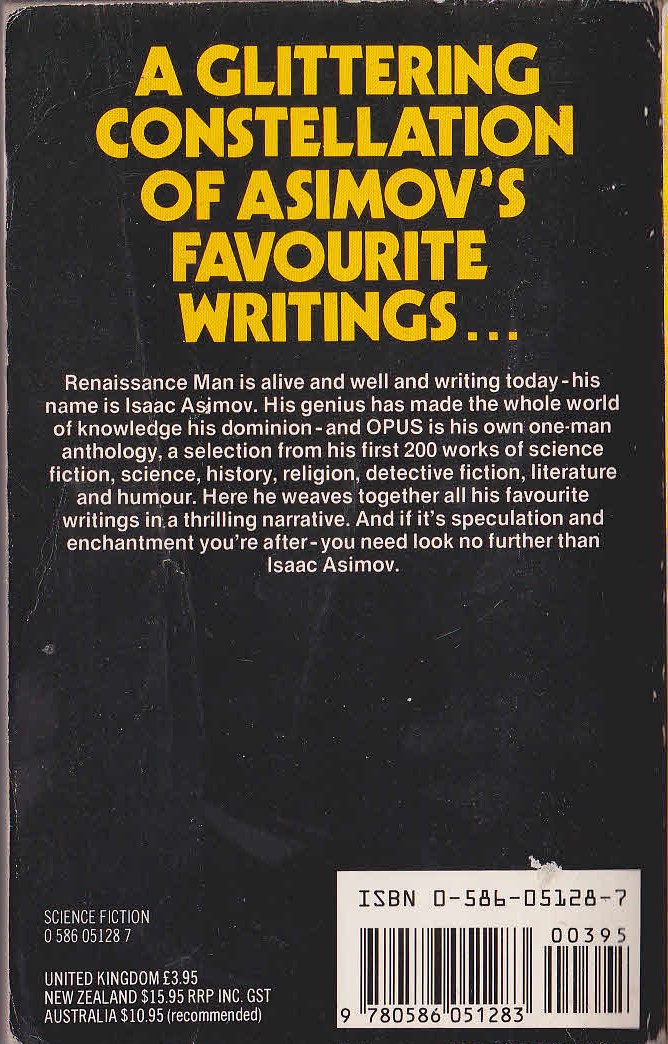 Isaac Asimov  OPUS: THE BEST OF ASAAC ASIMOV magnified rear book cover image
