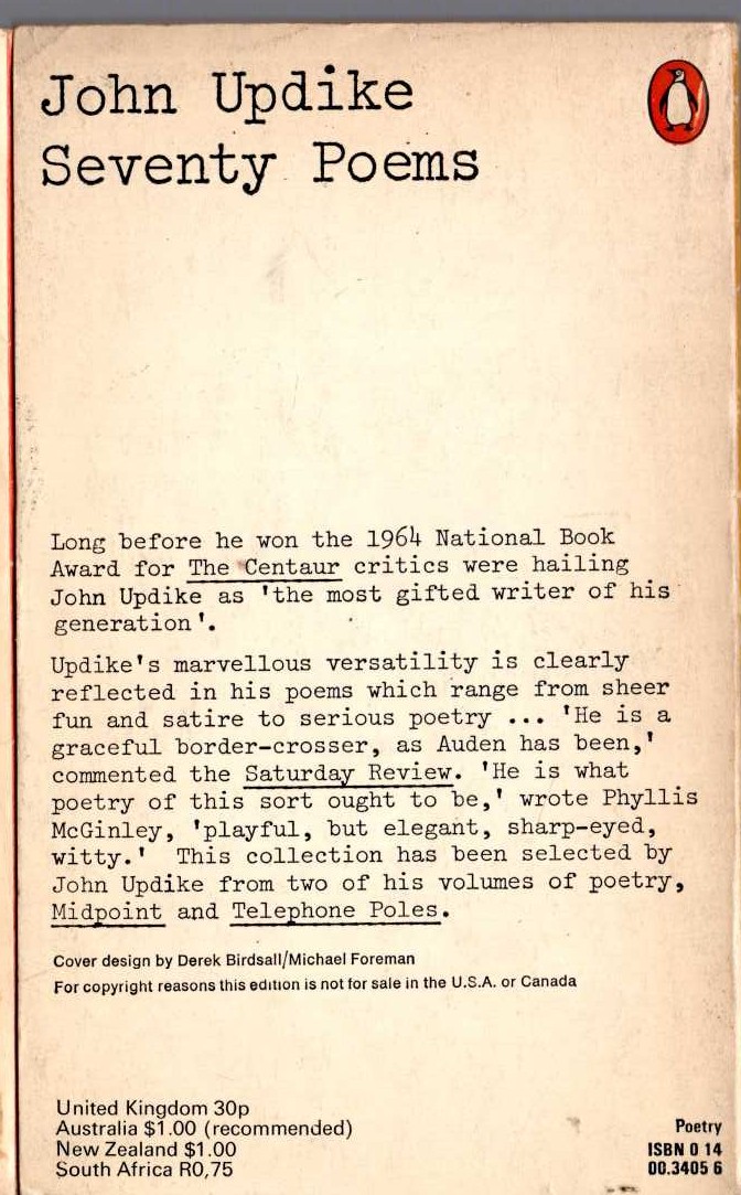 John Updike  SEVENTY POEMS magnified rear book cover image