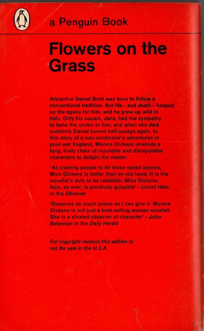 Monica Dickens  FLOWERS ON THE GRASS magnified rear book cover image