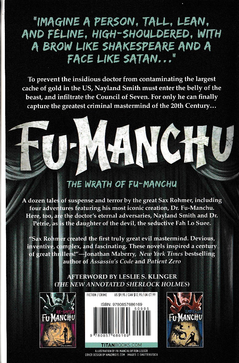 Sax Rohmer  THE WRATH OF FU-MANCHU magnified rear book cover image