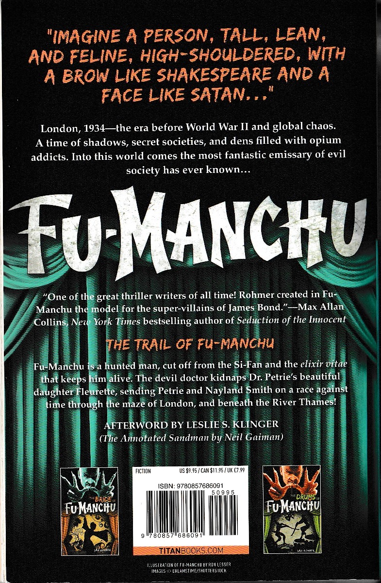 Sax Rohmer  THE TRAIL OF FU MANCHU magnified rear book cover image