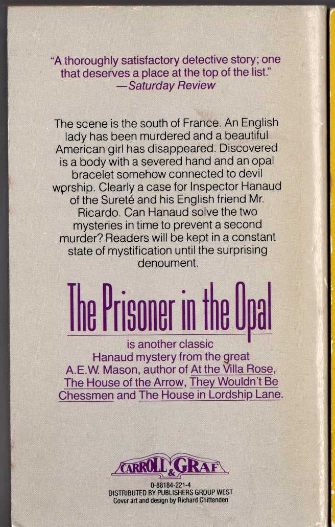 A.E.W. Mason  THE PRISONER IN THE OPAL magnified rear book cover image