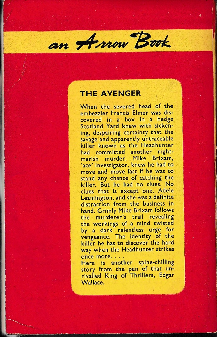 Edgar Wallace  THE AVENGER magnified rear book cover image