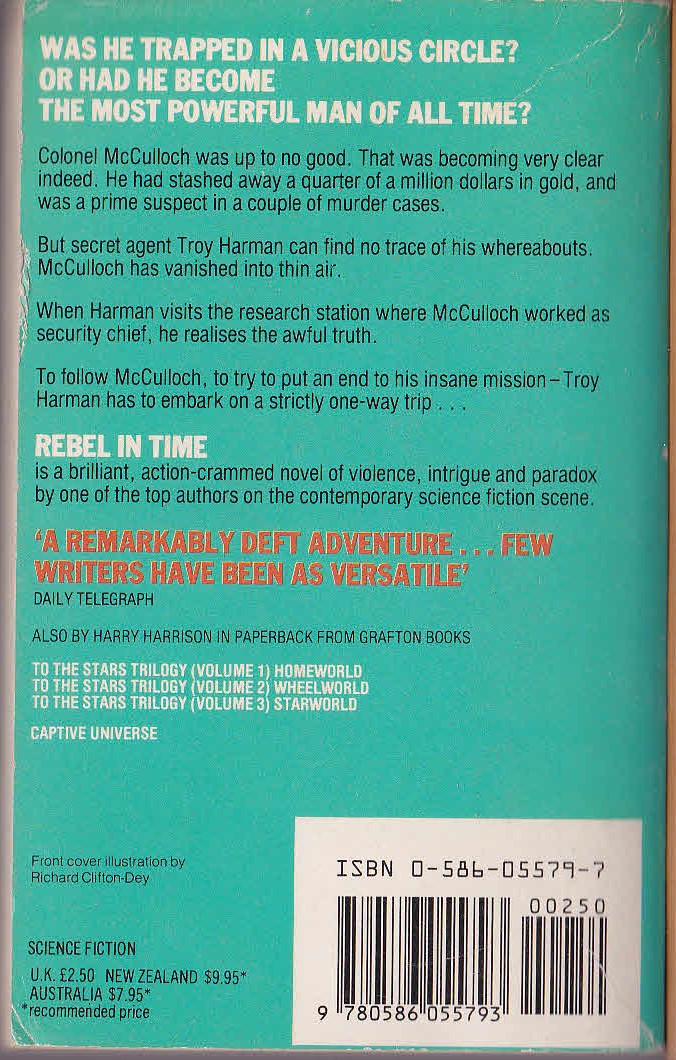 Harry Harrison  REBEL IN TIME magnified rear book cover image