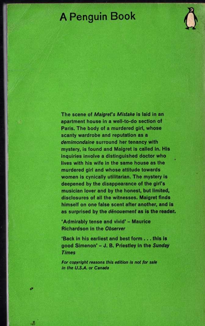 Georges Simenon  MAIGRET'S MISTAKE magnified rear book cover image