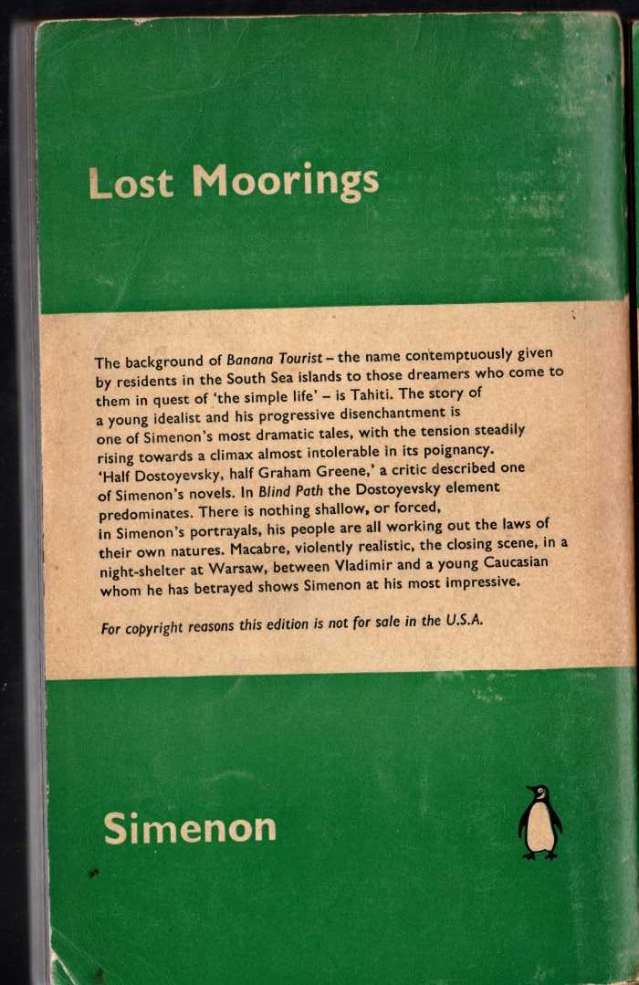 Georges Simenon  LOST MOORINGS magnified rear book cover image