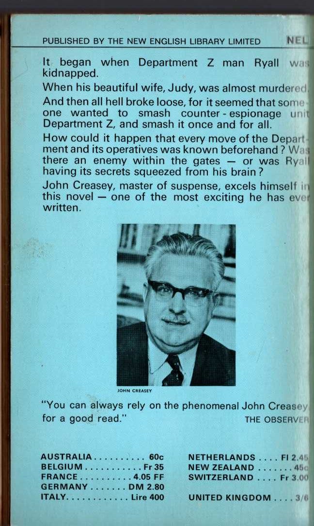 John Creasey  A KIND OF PRISONER (Department 'Z') magnified rear book cover image