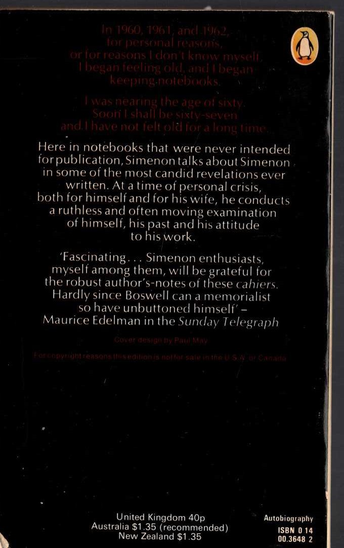 Georges Simenon  WHEN I WAS OLD (Autobiography) magnified rear book cover image