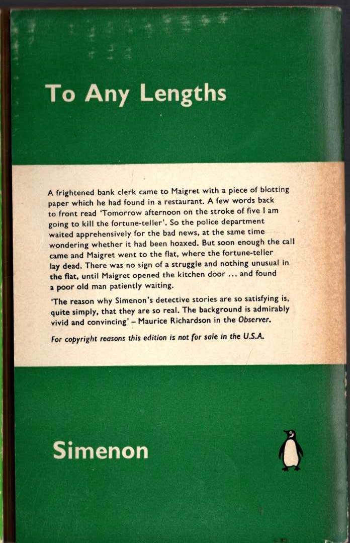 Georges Simenon  TO ANY LENGTHS magnified rear book cover image