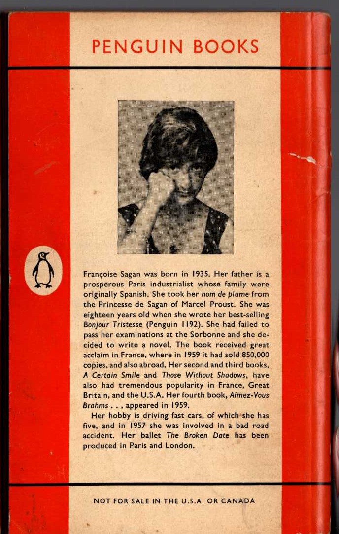 Francoise Sagan  A CERTAIN SMILE magnified rear book cover image