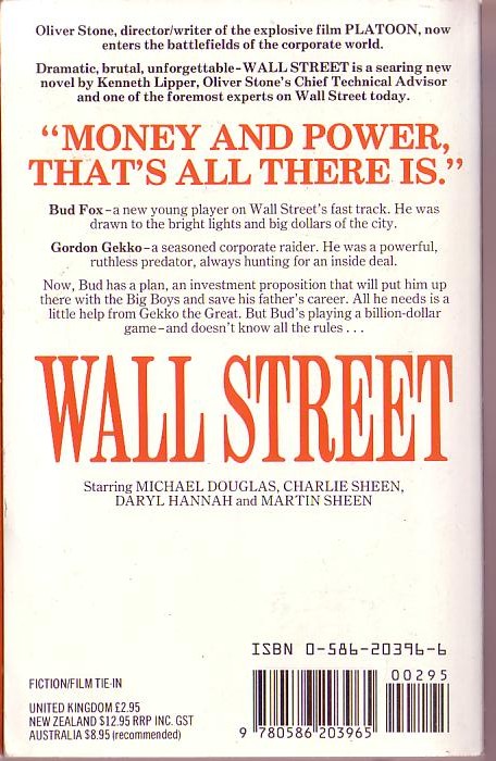Kenneth Lipper  WALL STREET (Michael Douglas, Charlie Sheen) magnified rear book cover image