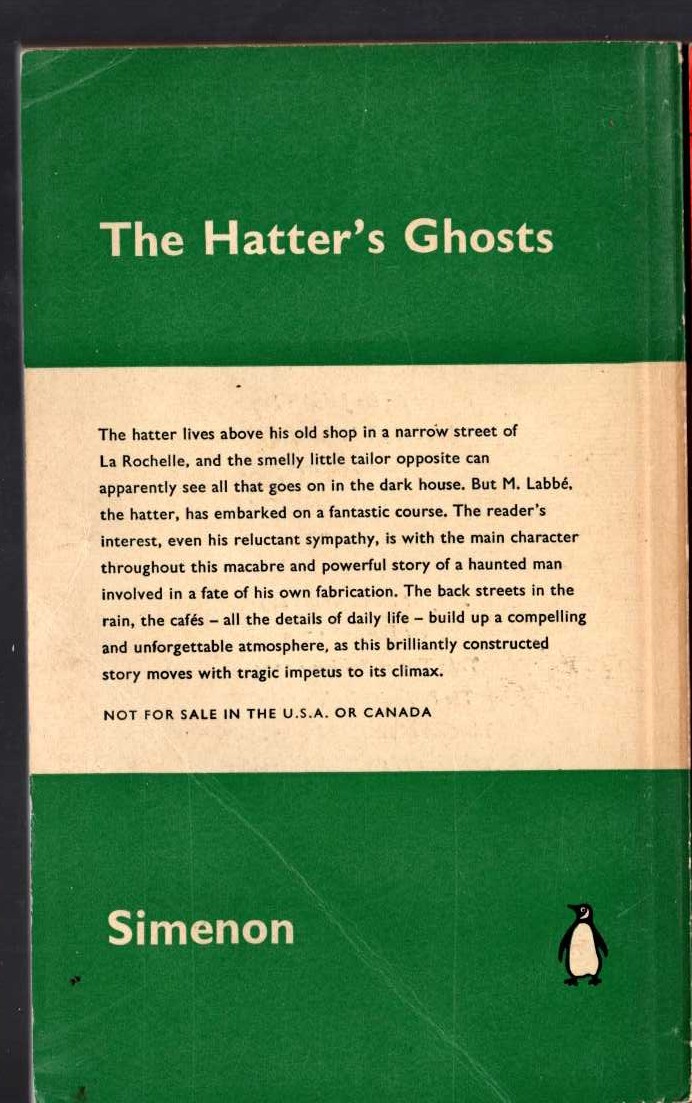 Georges Simenon  THE HATTER'S GHOSTS magnified rear book cover image