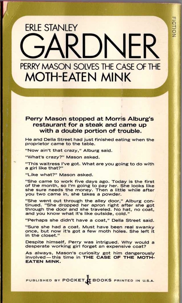 Erle Stanley Gardner  THE CASE OF THE MOTH-EATEN MINK magnified rear book cover image