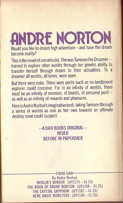 Andre Norton  PERILOUS DREAMS magnified rear book cover image