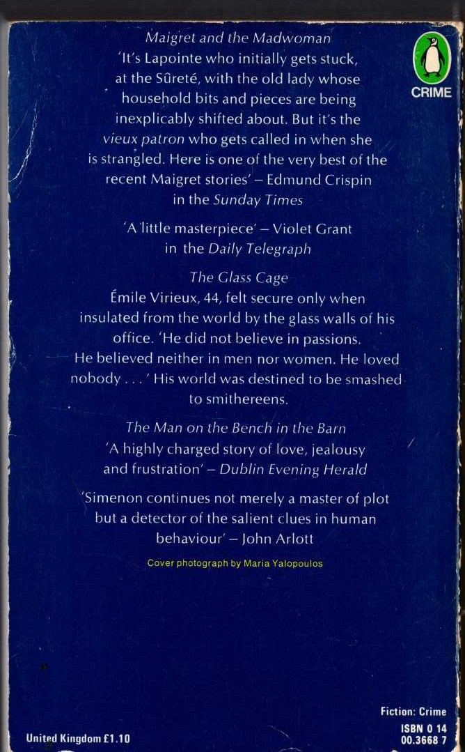 Georges Simenon  THE TENTH SIMENON OMNIBUS: MAIGRET AND THE MADWOMAN/ THE GLASD CAGE/ THE MAN ON THE BENCH IN THE BARN magnified rear book cover image