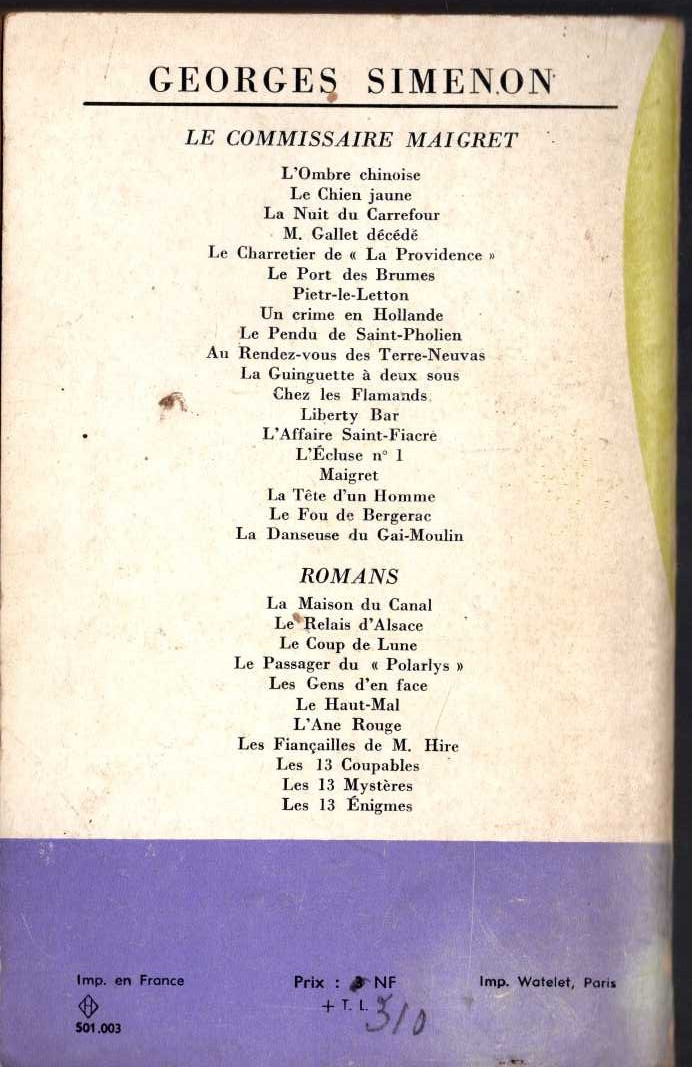 Georges Simenon  LA NUIT DU CARREFOUR magnified rear book cover image