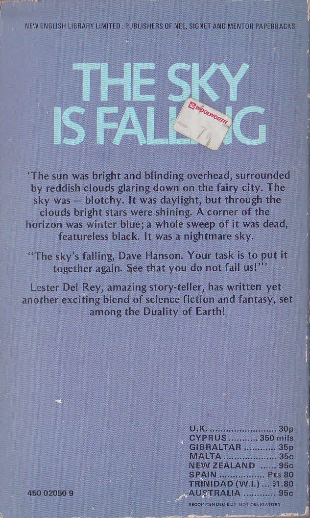 Lester del Rey  THE SKY IS FALLING magnified rear book cover image