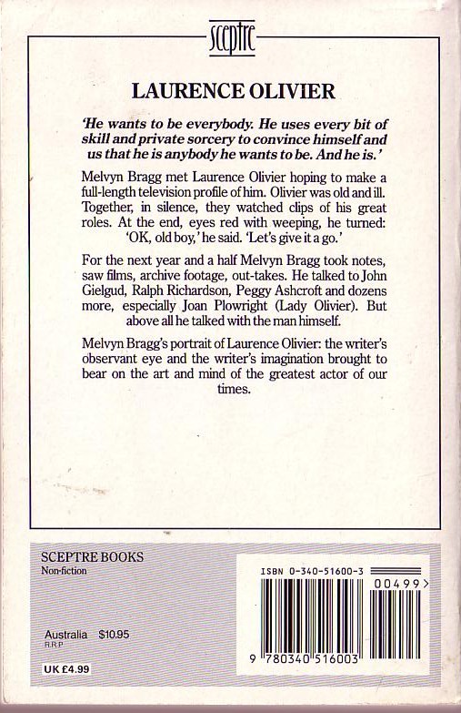 Melvyn Bragg  LAURENCE OLIVIER magnified rear book cover image