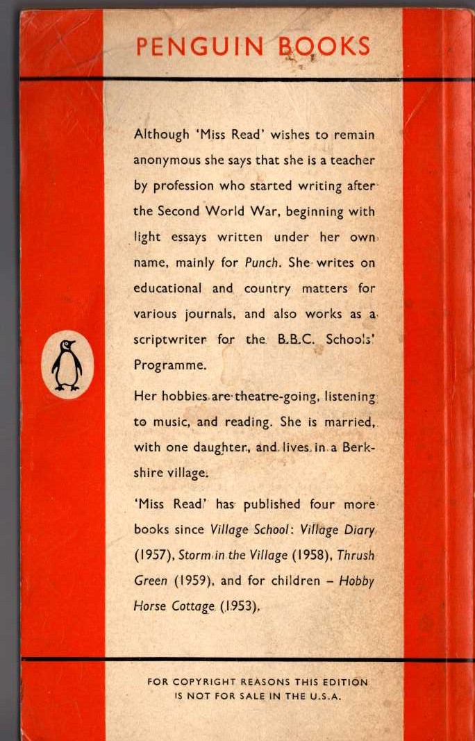 Miss Read  VILLAGE SCHOOL magnified rear book cover image