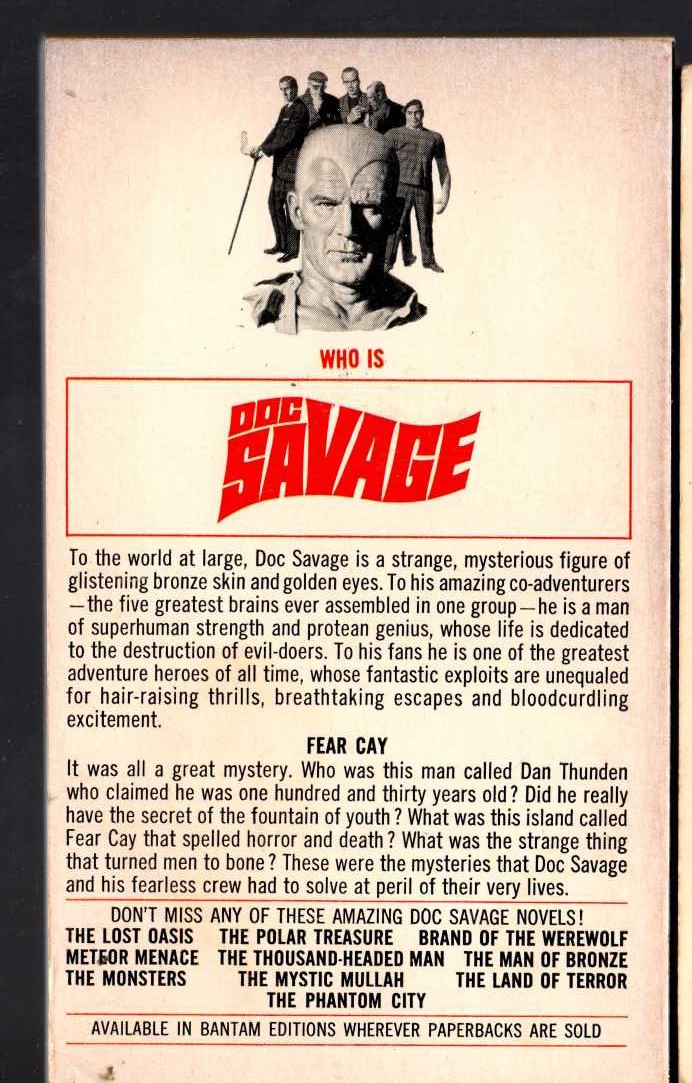 Kenneth Robeson  DOC SAVAGE: FEAR CAY magnified rear book cover image