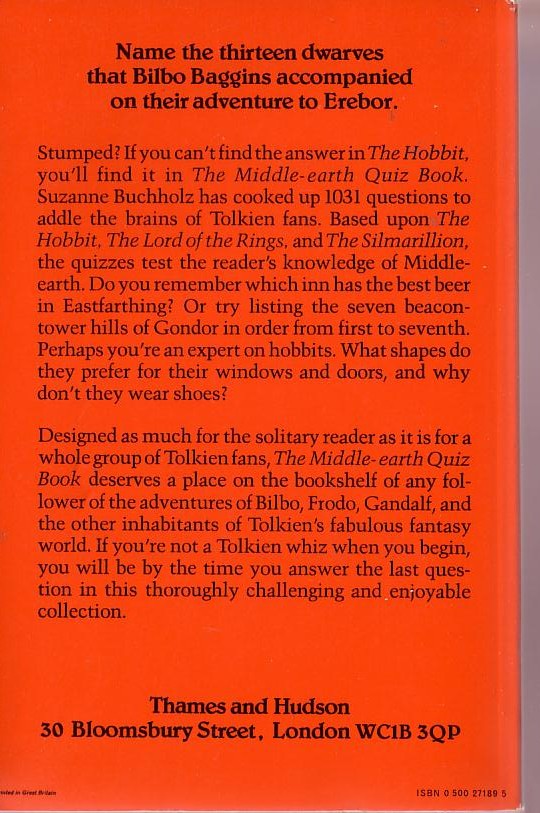 Suzanne Buchholz  THE MIDDLE-EARTH QUIZ BOOK magnified rear book cover image