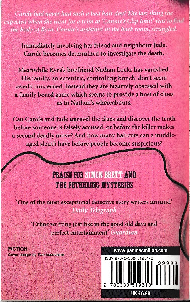 Simon Brett  DEATH UNDER THE DRYER magnified rear book cover image