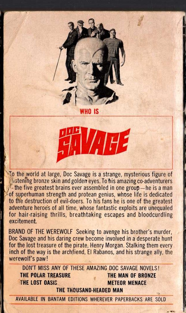 Kenneth Robeson  DOC SAVAGE: BRAND OF THE WEREWOLF magnified rear book cover image