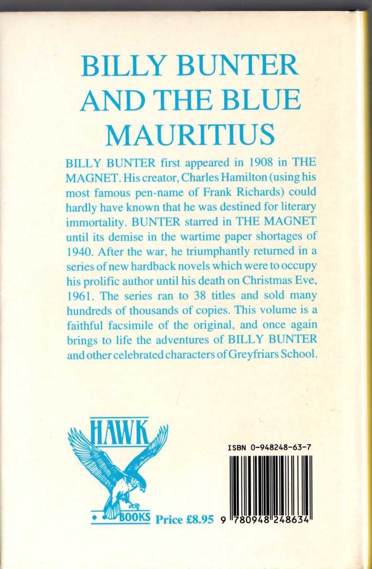 BILLY BUNTER AND THE BLUE MAURITIUS magnified rear book cover image
